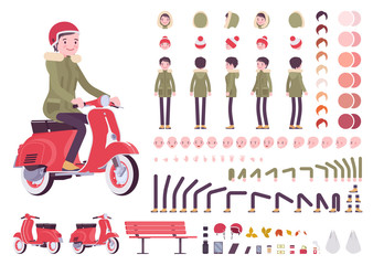 Parka woman construction set, young girl wearing warm windproof jacket with hood, cold weather city kit, male outfit creation elements to build own design. Cartoon flat style infographic illustration