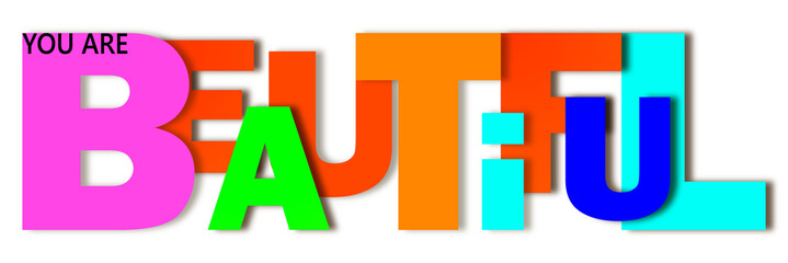 the word beautiful is written in letters of different colors and different sizes. lettering