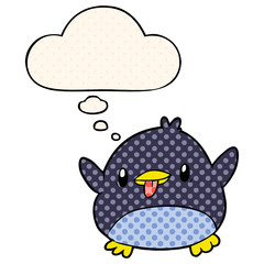 cute cartoon penguin and thought bubble in comic book style