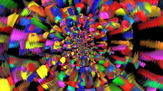 Seamless funny animation of a colorful rainbow confetti circular trails with a black background. Carnival or Gay pride backdrop.