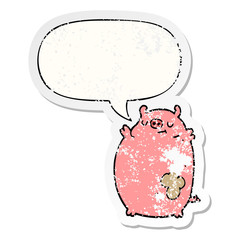 cartoon fat pig and speech bubble distressed sticker