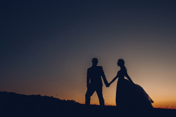 Silhouette of the wedding couple, the groom and the bride, holding hands on the background of the sunset. Cute girls in dress, men in business suit. Family concept