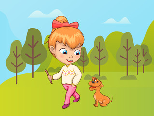 Child walking in nature vector, kid spending time with pet. Owner of canine, friendship between human and animal. Holidays in summer, vacations on nature