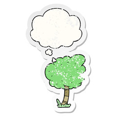 cartoon tree and thought bubble as a distressed worn sticker