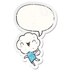 cute cartoon cloud head creature and speech bubble distressed sticker