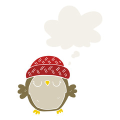 cute cartoon owl in hat and thought bubble in retro style