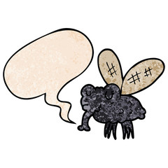 cartoon fly and speech bubble in retro texture style