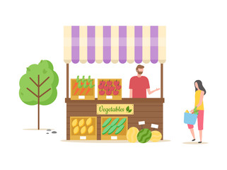 Man selling vegetables and fruits at kiosk stand vector, male with meal ripe carrots and watermelon laying on shelves boxes lady with bag talking to seller