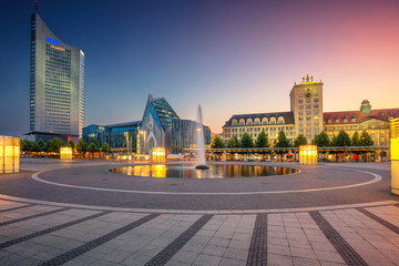 Fototapeta na wymiar Leipzig, Germany. Cityscape image of Leipzig downtown during beautiful sunset. 