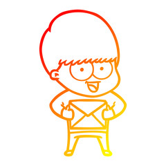 warm gradient line drawing happy cartoon boy with present
