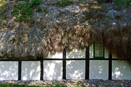 Laesoe / Denmark: Shadows on the wall of an old half-timbered cottage with a seaweed roof