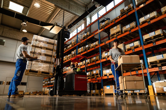 Low angle view of manual workers working in a warehouse.