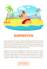 Summer fun, brunette smiling girl wearing swimsuit jumping in water with hands up, teenager in inflatable circle, mountain landscape and palm trees, vector. Website or webpage template, landing page