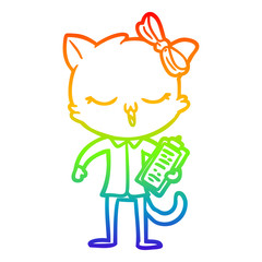 rainbow gradient line drawing cartoon cat with bow on head