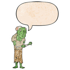 cartoon zombie and speech bubble in retro texture style