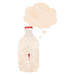 cute cartoon milk bottle and thought bubble in retro textured style