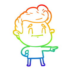 rainbow gradient line drawing happy cartoon man pointing