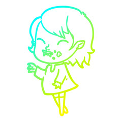 cold gradient line drawing cartoon vampire girl with blood on cheek