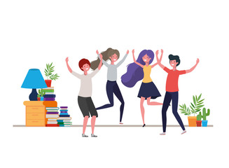 group of people dancing in living room