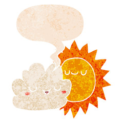 cartoon sun and cloud and speech bubble in retro textured style