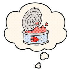 cartoon canned food and thought bubble in comic book style