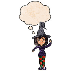 cartoon witch and thought bubble in grunge texture pattern style