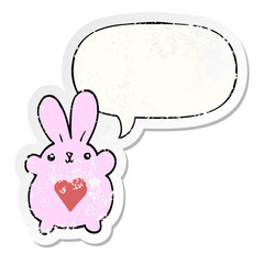cute cartoon rabbit and love heart and speech bubble distressed sticker