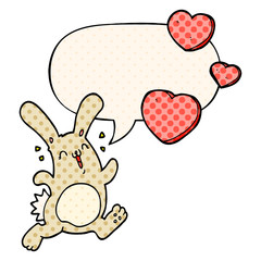 cartoon rabbit in love and speech bubble in comic book style