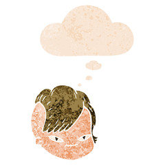 cartoon female face and thought bubble in retro textured style