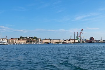 Naklejka premium Panoramic view of Pula's Harbour and Shipping Yard