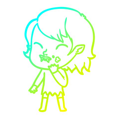 cold gradient line drawing cartoon vampire girl with blood on cheek