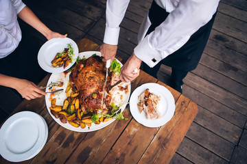 Catering Buffet Food Dish with Meat and Colorful vegetables on a Table