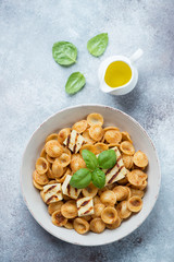 Plate of orecchiette pasta with slices of grilled cheese, olive oil and fresh green basil, view from above, vertical shot