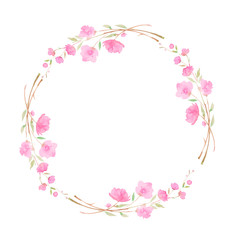 Round wreath, frame with Cherry blossom, sakura, branch with pink flowers, watercolor illustration.
