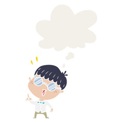 cartoon clever boy and thought bubble in retro style
