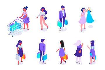Fototapeta premium Isometric People vector set. Customers, buyers with shopping bags and shopping cart. Online shopping. Supermarket. Flat vector characters isolated on white