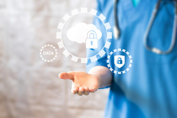 Doctor pressing button gear data protection cloud healthcare in medicine.