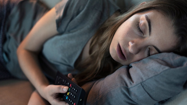 Young Girl Sleeping While Watching Tv In The Night