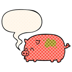 cute cartoon pig and speech bubble in comic book style
