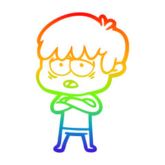 rainbow gradient line drawing cartoon exhausted boy