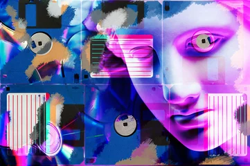 Modernes konzeptionelles Kunstposter mit alter Statue des Gesichts und Diskette. Collage zeitgenössischer Kunst. © Ded Pixto
