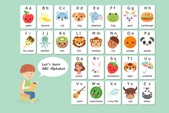 Kawaii English vocabulary and alphabet flash card vector for kids to help learning and education in kindergarten children. Words of letter abc to z ,each card isolated on white background.