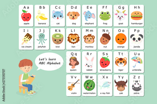 Kawaii English Vocabulary And Alphabet Flash Card Vector For - 