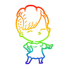 rainbow gradient line drawing cartoon squinting girl pointing