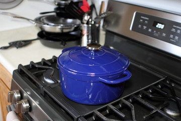 Blue Dutch on the stove top in a home kitchen.