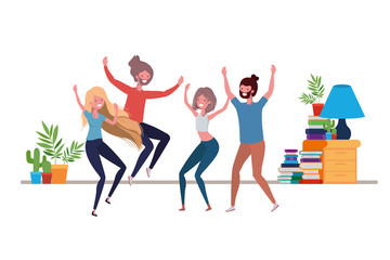 group of people dancing in living room