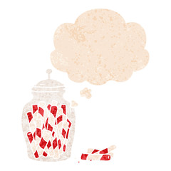 cartoon jar of candy and thought bubble in retro textured style