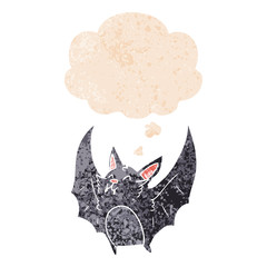 cartoon halloween bat and thought bubble in retro textured style