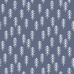 Leuke naadloze vectorachtergrond met pijnbomen in marineblauw. Scandinavische stijl, handgetekend ontwerp voor babydouche, verjaardag, plakboek, kaarten, textiel, cadeaupapier, oppervlaktestructuren.