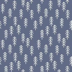 Wall murals Scandinavian style Cute seamless vector background with pine trees in navy blue. Scandinavian style, hand drawn design for baby shower, Birthday, scrapbook, cards, textiles, gift wrapping paper, surface textures.